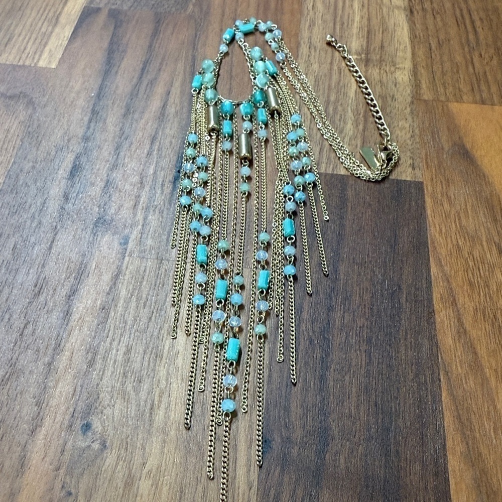 Powder Turquoise Blue Gold Tone Collar Waterfall Egyptian Revival Boho Necklace